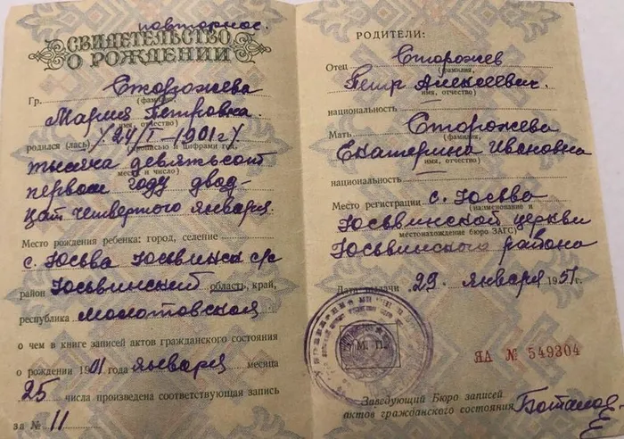 Свидетельство о рождении Марии Петровны